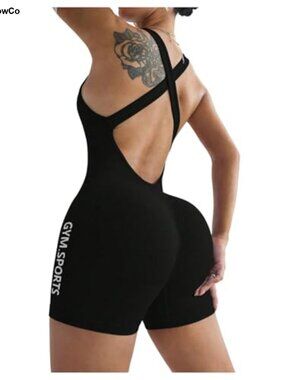Ribbed Workout Romper Tummy Control Backless Athletic Jumpsuit
